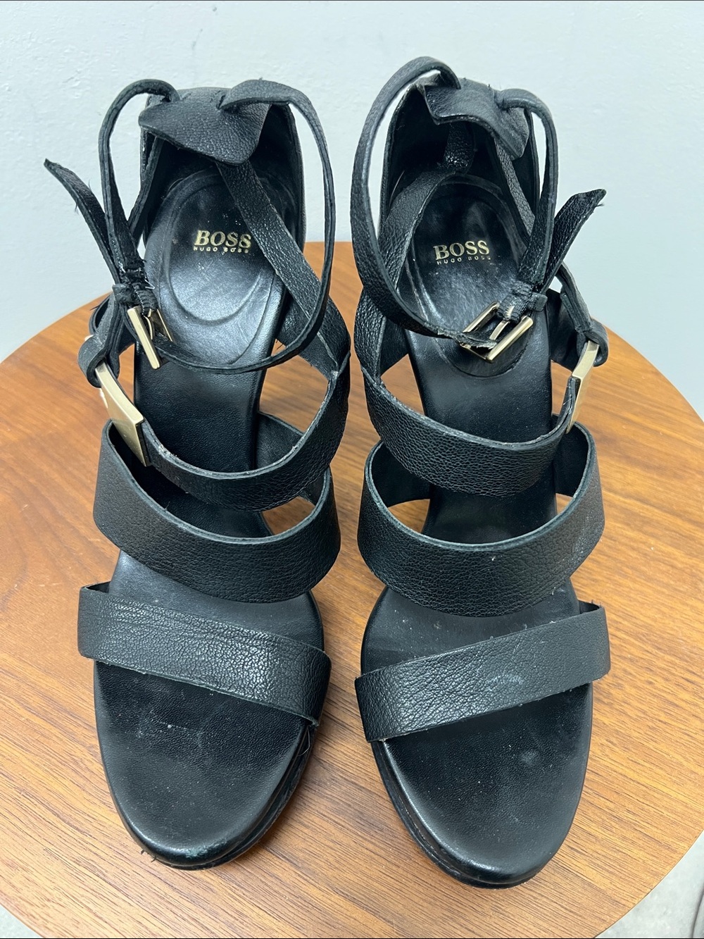 BOSS Black Strappy Leather High Heel Sandals with Gold Accents